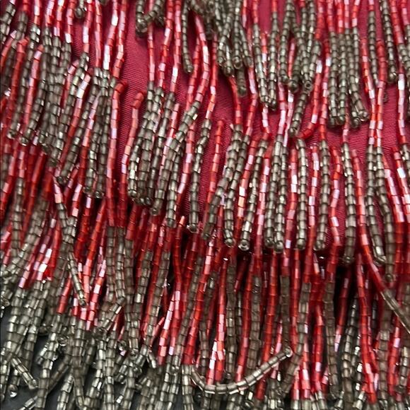 Red and Silver Fringe Handbag With Rhinestones, Metal Handle and Kiss Clasp - Picture 6 of 11